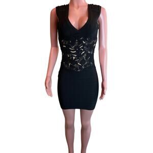 Julian Joyce by Mandalay Dress Sz 4 Black Knit Floral Lace Mini Bodycon Cocktail